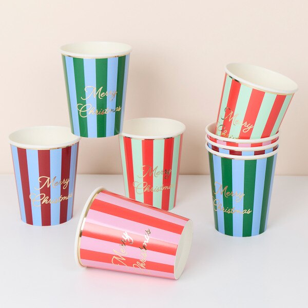 MERI MERI Striped Merry Christmas Cups (x 8)