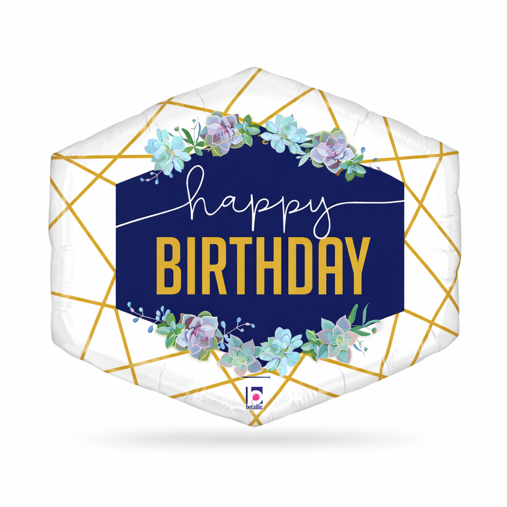 Betallic 30" Happy Birthday Gold White Navy Geometric